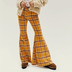Free People Just Float On Printed Cord Flare Pants Size 25 Plaid Y2K New